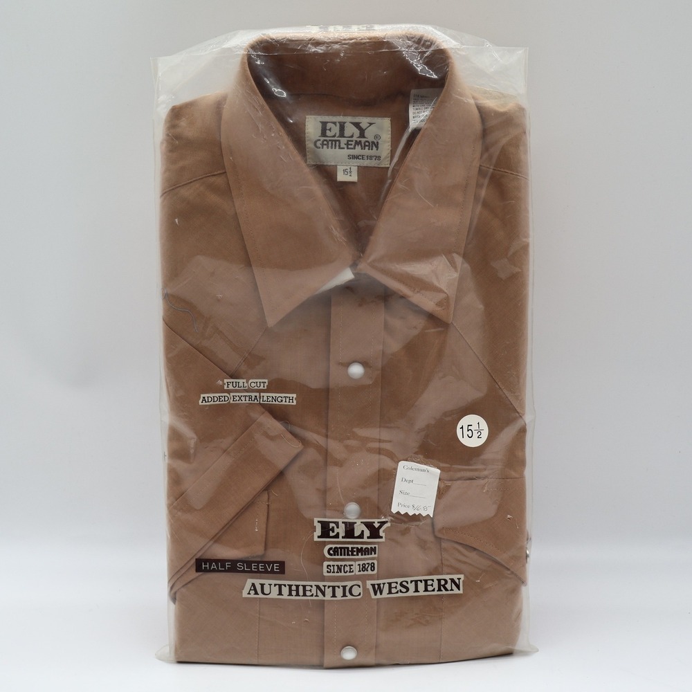 Ely Cattleman Western Shirt Mens 15.5 Brown Cotton Blend Pearl Snap Short Sleeve